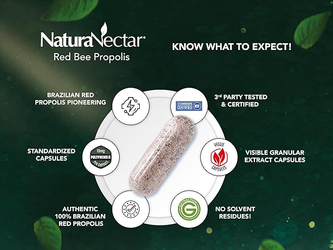 NaturaNectar - Red Bee Propolis Capsules - NSF Contents Certified Premium Brazilian Propolis - Gluten-Free Supplements with More Diverse Flavonoids & PWE - Sourced Through Ethical Beekeeping (60pcs.)