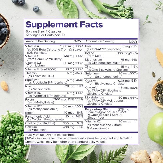 Whole Food Prenatal Vitamins (120 Capsules) Natural Support for Maternal and Fetal Health, Prenatal Multivitamin for Women with Choline, B Vitamins and More, Vegan, No Soy, Gluten or Dairy
