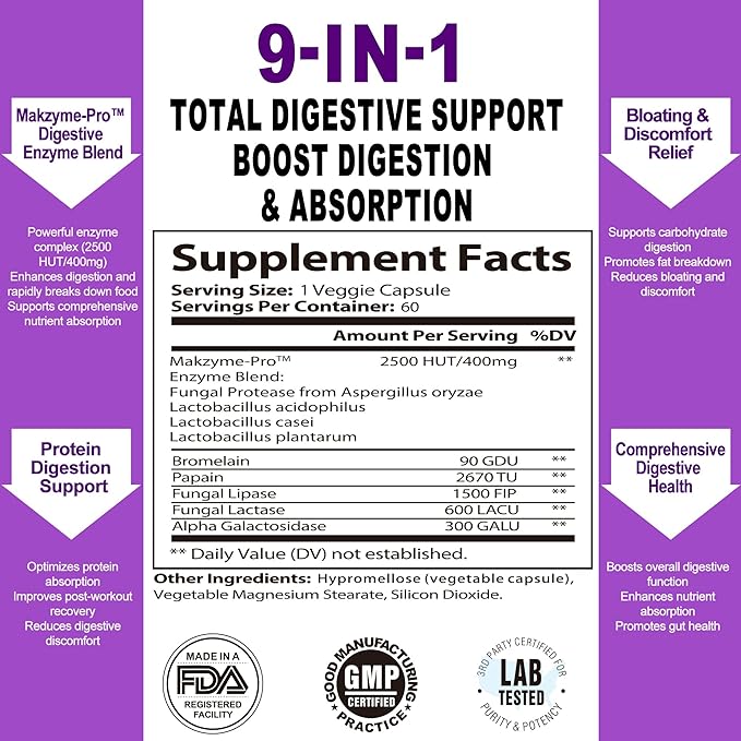 Digestive Enzymes for Women – Vegan Pro Blend with Makzyme-Pro™ & Probiotics – Gut & Bloating Support, 60 Capsules