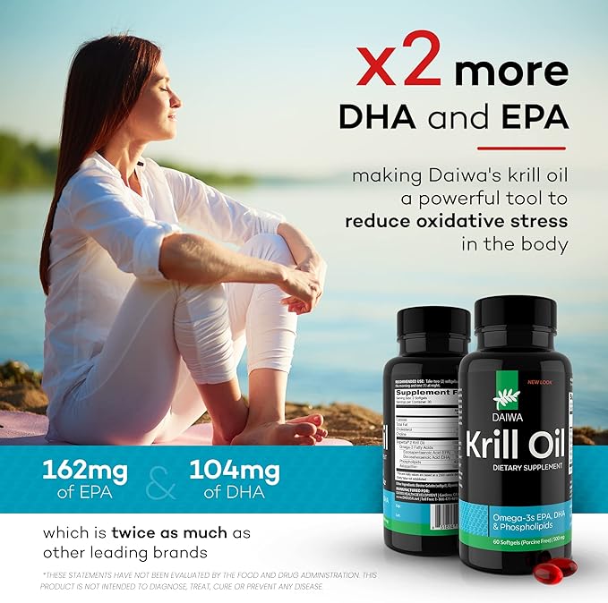 Daiwa Krill Oil 1000mg Softgels - EPA DHA Krill Oil Omega 3 6 9 with Astaxanthin for Joint, Brain and Heart Health - Antarctic Krill Oil Supplement - 60/ct