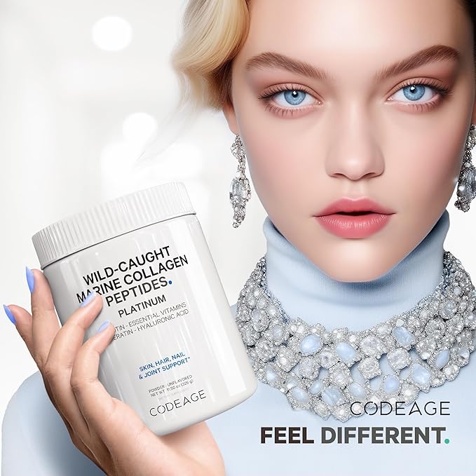 Codeage Marine Collagen Protein Powder Supplement Platinum - Biotin 10,000 mcg, Vitamin C, D3 & B6, Keratin, Hyaluronic Acid, Niacin, Wild Caught Hydrolyzed Fish Collagen Peptides - Non-GMO - 11.50 oz
