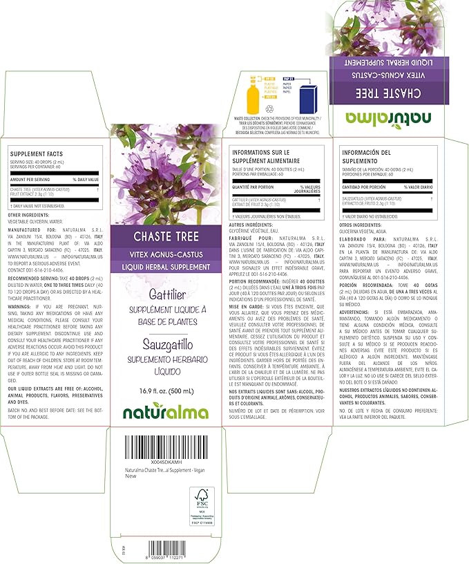 Naturalma Chaste Tree (Vitex Agnus-castus) Fruit Alcohol-Free Tincture - 16.9 fl oz Liquid Extract in Drops - Herbal Supplement - Vegan