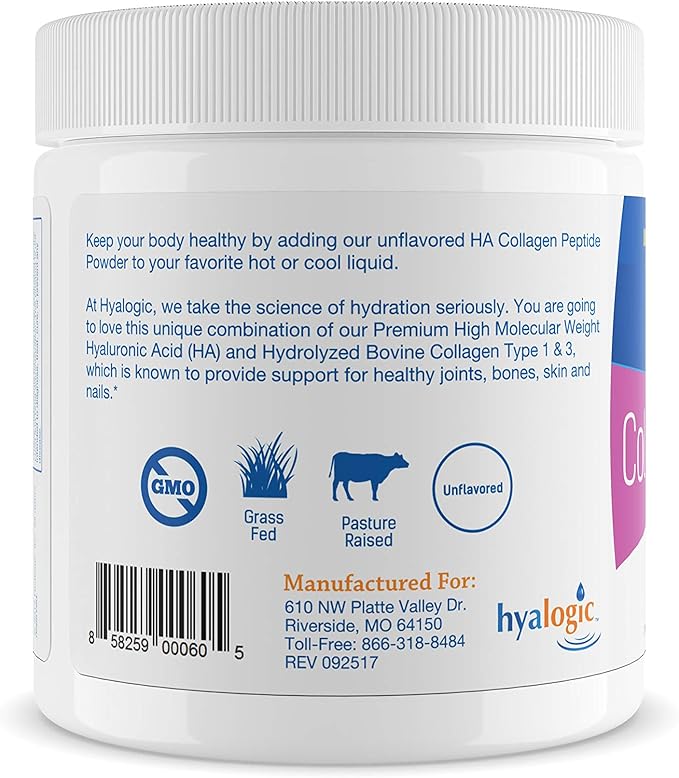 Hyalogic Collagen Peptides Powder w/Hyaluronic Acid, Hydrolyzed Types 1 & 3, Grass Fed, Keto Protein Powder Supplement for Hair Growth, Skin, Nails Unflavored Easy to Mix 6.4 oz (180 gr.)