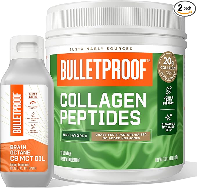 Bulletproof Duo Kit | Collagen Peptides Protein Powder for Skin, Bones and Joints — 18g Protein, 17.6 Oz & Brain Octane C8 MCT Oil for Sustained Energy— 14g MCTs, 16 Fl Oz