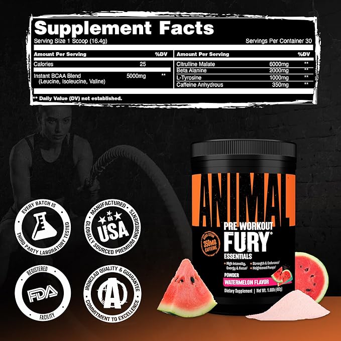 Animal Fury Pre Workout Powder Supplement for Energy and Focus 5g BCAA 350mg Caffeine Nitric Oxide Without Creatine Powerful Stimulant for Bodybuilders, Watermelon