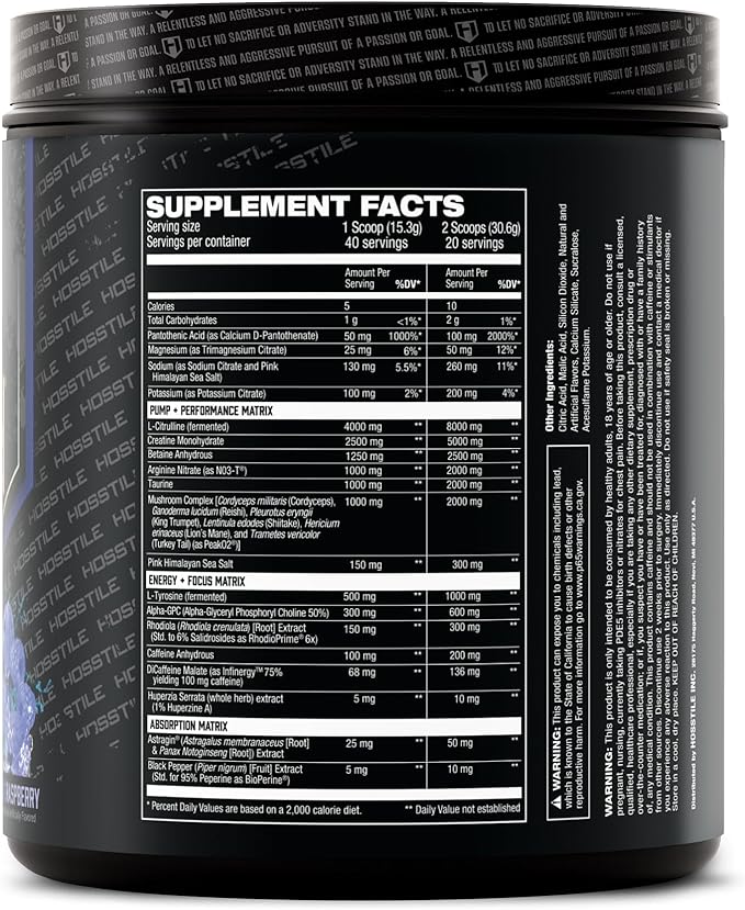 HOSSTILE Hosstility V2 Pre Workout, All-in-One Pre Workout Powder for Men and Women, Enhance Muscle Pump, Increase Energy, Boost Strength, Sharpen Focus, Blue Raspberry, 40/20 Servings