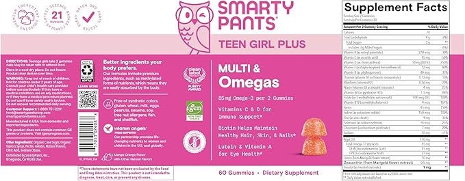 SmartyPants Teen Girl Multivitamin Gummies - Improved Formula: Omega 3 (DHA/EPA), Vitamin C, D3, B12, Vitamin A, K & Zinc, Biotin to Support Hair, Skin & Nails, Gluten Free, 60 Count (30 Day Supply)