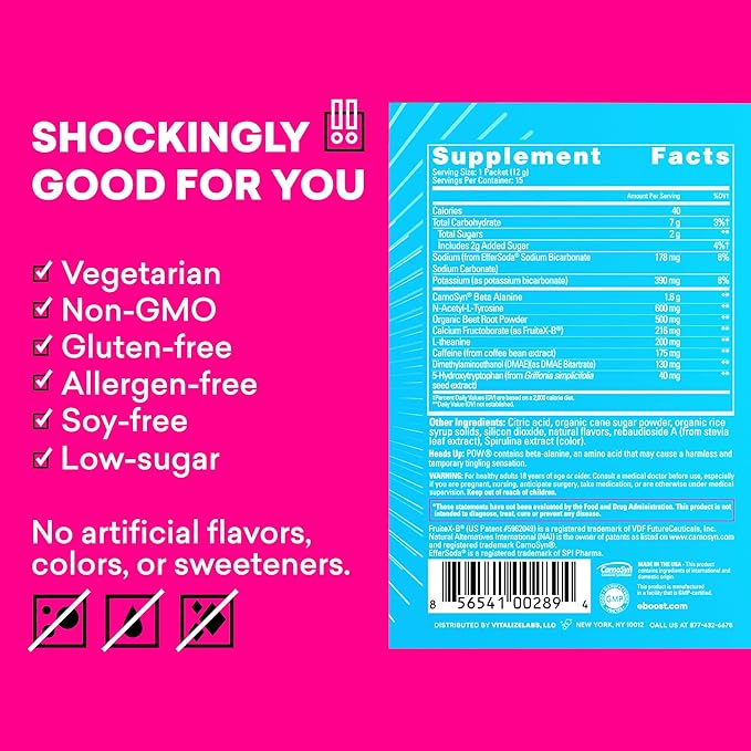 EBOOST POW Natural Pre Workout Powder - 15 Packets, Blue Raspberry - Preworkout Energy Booster Gym Supplement Drink Mix for Men and Women - Performance, Joint Mobility Support - Gluten-Free
