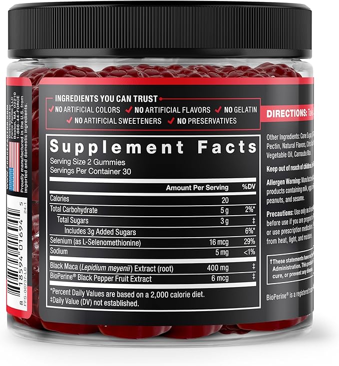 Force Factor Black Maca Gummies, Black Maca Root to Enhance Vitality in Men & Women, Increase Energy & Strength, with BioPerine for Superior Absorption, Delicious Passion Berry Flavor, 60 Gummies