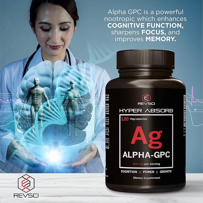 Alpha GPC Supplement & BioPerine for Hyper Absorption - 120 Count, 600mg Serving - Nootropics for Memory, Focus, Energy, Motivation - Choline Supplements to Boost Acetylcholine, USA Made by RevSci