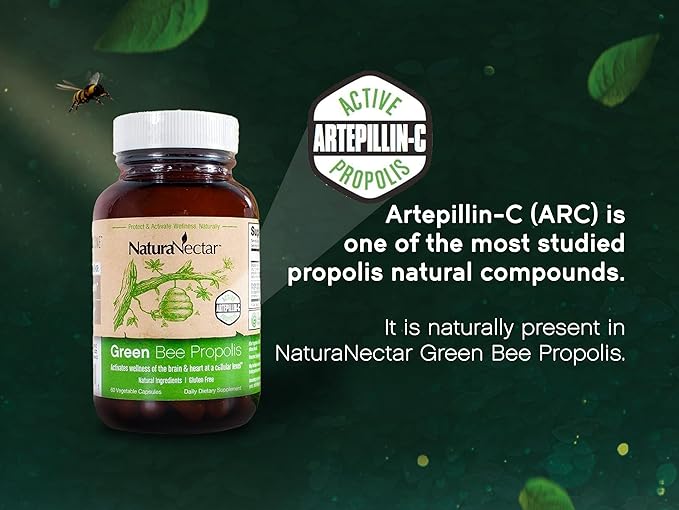 NaturaNectar - Green Bee Propolis Capsules - NSF Contents Certified Brazilian Green Propolis - Gluten-Free Propolis Supplements with Flavonoids - Naturally Sourced Through Ethical Beekeeping (60pcs.)