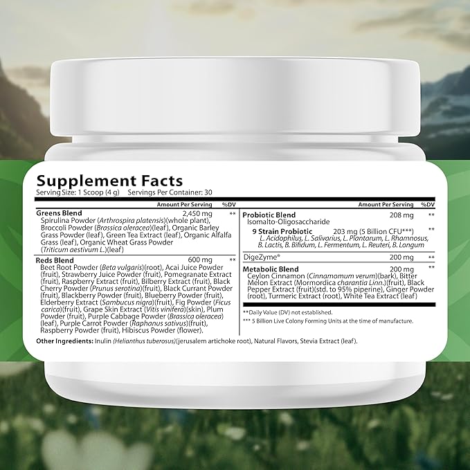 Greens Superfood Powder - 46 Superfoods, Probiotics & Enzymes for Gut Health, Metabolism & Energy - Vegan Green Powder Blend, 1 Bottle - 30 Servings