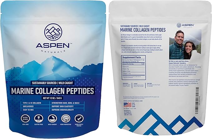 ASPEN NATURALS Marine Collagen Peptides Powder 12 Oz – Type I & III | Sustainably Sourced, Wild Caught | for Hair, Skin & Nails | Unflavoured, Easy to Mix, Gluten-Free, Non-GMO