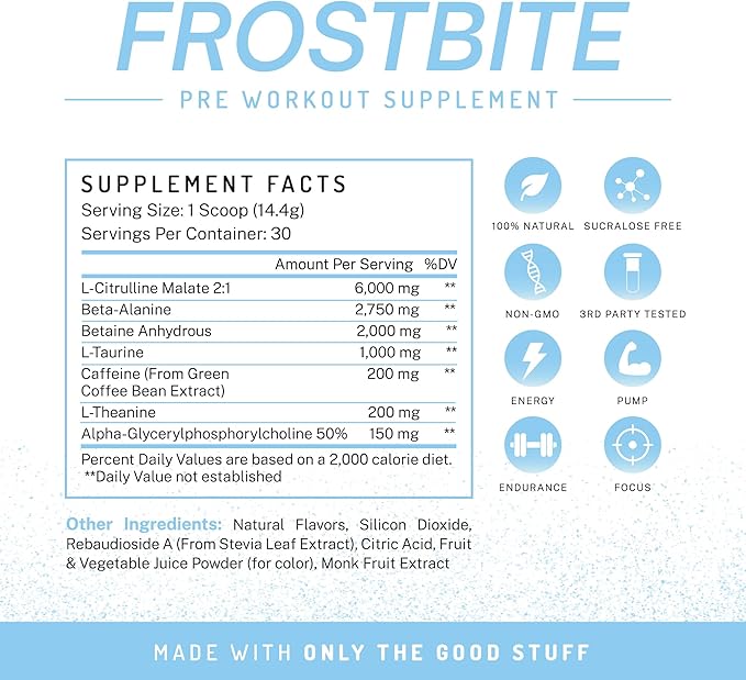 PWDRS Pre-Workout Powder, All Natural Pre Workout for Energy, Pump, Endurance & Strength, with Caffeine (Frostbite)