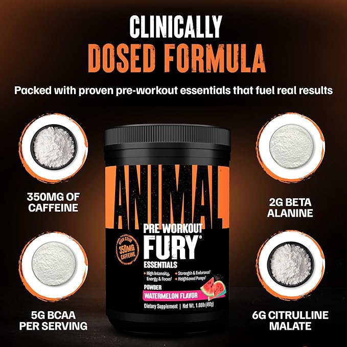 Animal Fury Pre Workout Powder Supplement for Energy and Focus 5g BCAA 350mg Caffeine Nitric Oxide Without Creatine Powerful Stimulant for Bodybuilders, Watermelon