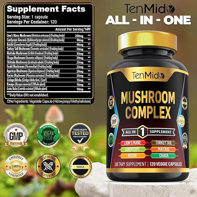 Mushroom Complex Supplement - 13in1 Formula - Blend Lion's Mane Mushroom, Cordyceps Sinensis, Reishi, Turkey Tail, Maitake, Chaga, Shiitake, Enoki, & More - 120 Capsules for 4 Months Supply