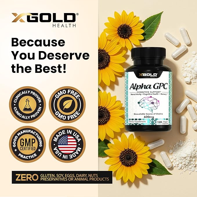 Alpha GPC Choline Supplement 600mg, 99%+ Highly Purified, Highly Bioavailable Source of Choline,120 Veggie Capsules, Cognitive Enhancer Nootropic, Supports Memory & Brain Function, Boosts Focus & Mood