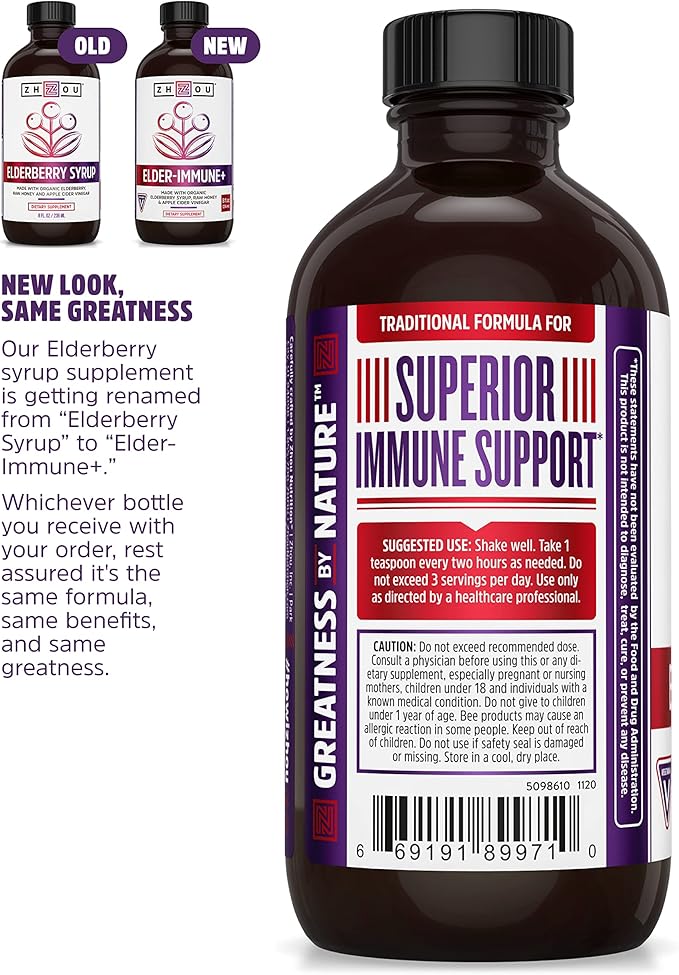 Zhou Nutrition Elder-Mune+ Syrup - Organic Black Elderbery Syrup for Adults, Immune Support Elixir with Apple Cider Vinegar, Echinacea Tincture, Natural Wellness - 8 Fl Oz Glass Bottle