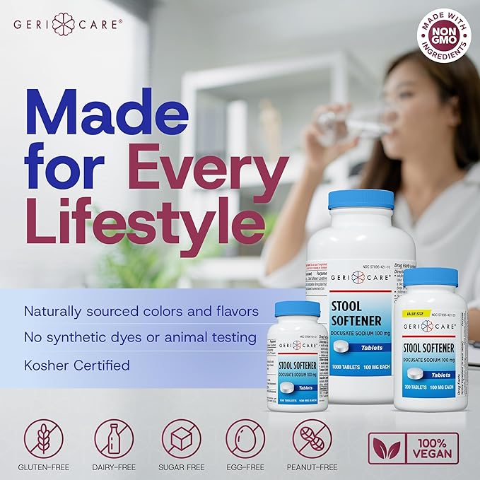 GeriCare Docusate Sodium Stool Softeners, Best Stool Softener for Daily use for Women, Men, and Elderly - Ideal for Constipation Relief 100mg Crushable Tablets. (200 Count) Made in The USA.