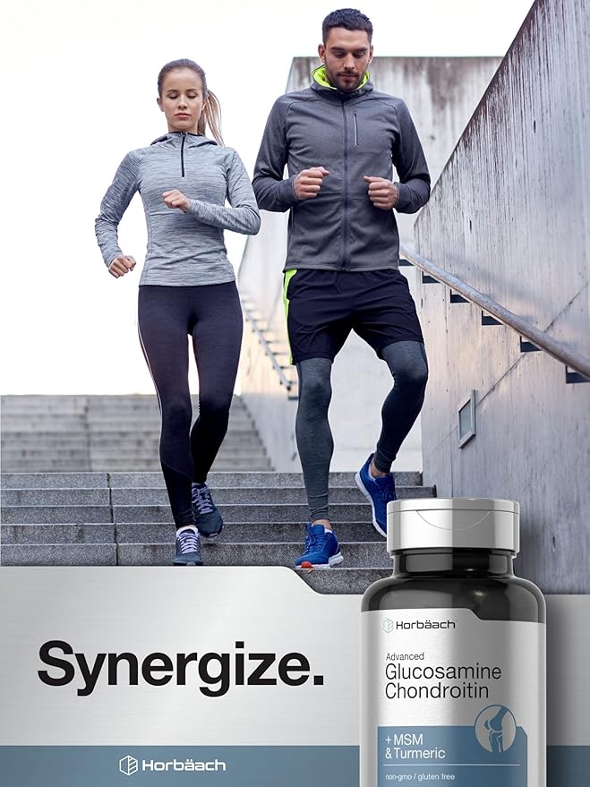 Horbäach Glucosamine Chondroitin | Plus MSM & Turmeric | 180 Coated Caplets | Non-GMO, Gluten Free Supplement