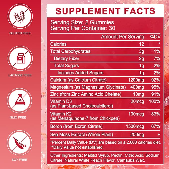 Calcium Citrate 1200mg Gummies with Vitamin D3, K2 - Chewable Calcium Magnesium Zinc d3 Supplement with Sea Moss Extract for Bone, Teeth, Immune Support for Women & Men, Peach Flavor-60 Gummies(3Pack)