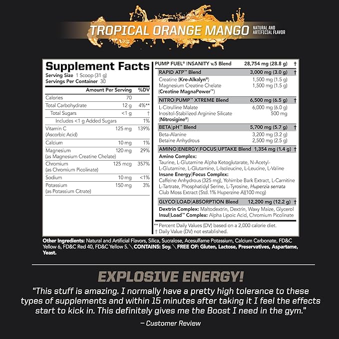 PMD Sports Ultra Pump Fuel Insanity - Pre Workout Drink Mix for Energy, Strength, Endurance, Recovery - Complex Carbohydrates and Amino Energy - Tropical Orange Mango (30 Servings)