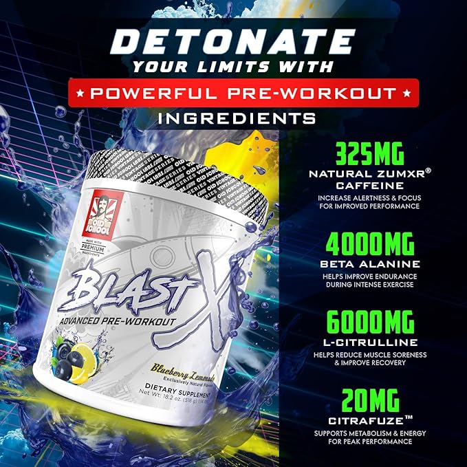 Blast X Advanced Pre Workout Powder, Intense Energy Booster Preworkout for Men & Women, Natural Caffeine + ZumXR®, Beta Alanine, Citrafuze™, L-Citrulline & Taurine for Strength, Focus & Endurance