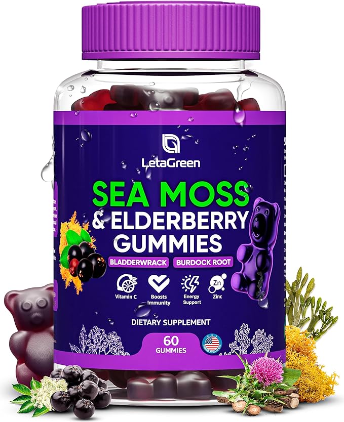 Irish Sea Moss Gummies – Sea Moss Bladderwrack Burdock Elderberry – 60 Vegan Seamoss Bears – Elderberry Gummies for Kids & Adults with Vitamin C & Zinc