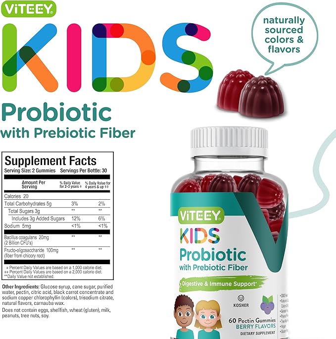 Probiotic Gummies for Kids Plus Prebiotics Fiber - 2 Billion CFUs - Digestive Health,Gut Health, Constipation Relief for Kids Support - Vegan, Gelatin Free - Chewable Probiotic Berry Flavored Gummy