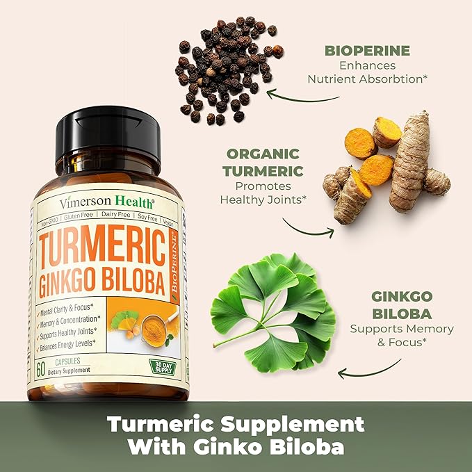 Turmeric Curcumin with Black Pepper and Ginkgo Biloba supplements. Natural Turmeric Supplement with Organic Tumeric to aid Joint Health, Brain Clarity, Focus, Memory, and Concentration. Vegan. 60 Caps