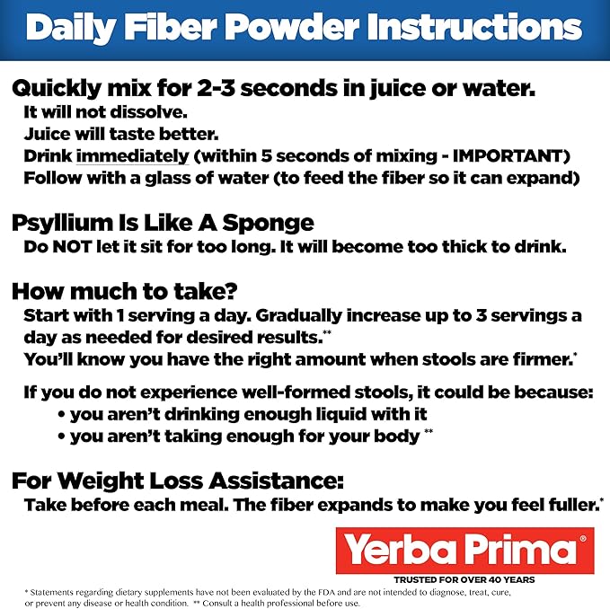 Yerba Prima Daily Fiber Formula - 20 oz Powder - Unflavored, Concentrated Blend of Soluble/Insoluble, Psyllium Seed Husks, Acacia Gum, Apple Fiber for Bulk - Dietary Bulking Supplement - Regularity