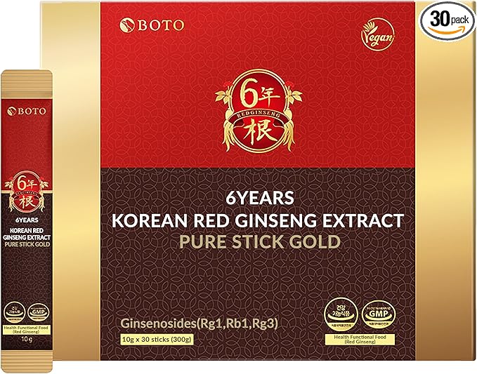 BOTO 6 Years Korean Red Ginseng Gold Extract Natural Energy Supplements Nitric Oxide Brain Natural Immune Support Liquid Portable Sticks 30 Sachet for 1 Month