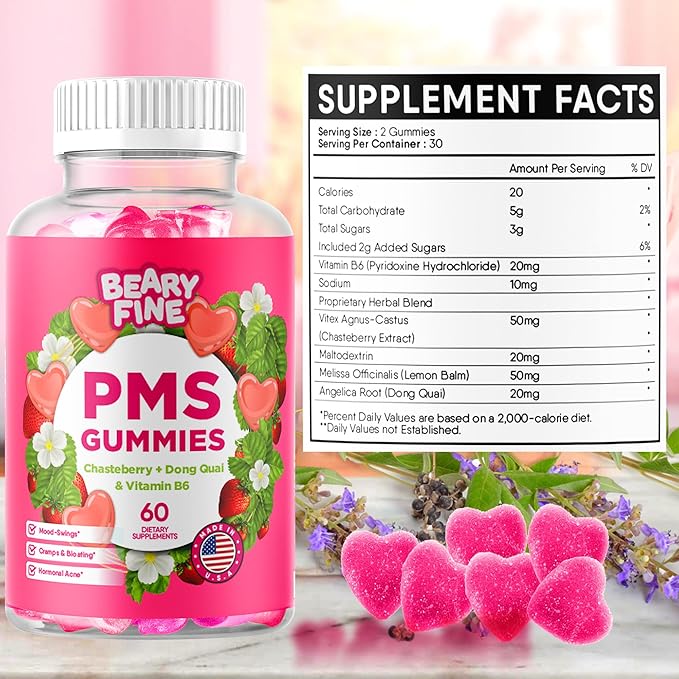 PMS Gummies - PMS Vitamins for Women & Teens - PMS Period Relief - Cramping, Bloating, Mood Swings - Made in The USA (Strawberry, 60 Count)