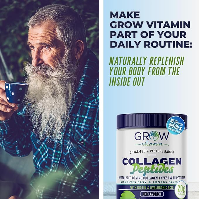 grow vitamin Collagen Peptides Powder, Grass Fed Bovine Collagen Powder Type I & III, Promotes Hair, Nail, Skin Health and Beauty, Supports Bone and Joint Health, Unflavored, 20 OZ, 56 Servings