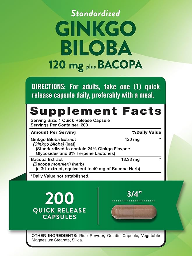 Nature's Truth Ginkgo Biloba 120mg | Plus Bacopa | 200 Quick Release Capsules | Standardized Extract | Non-GMO and Gluten Free Supplement