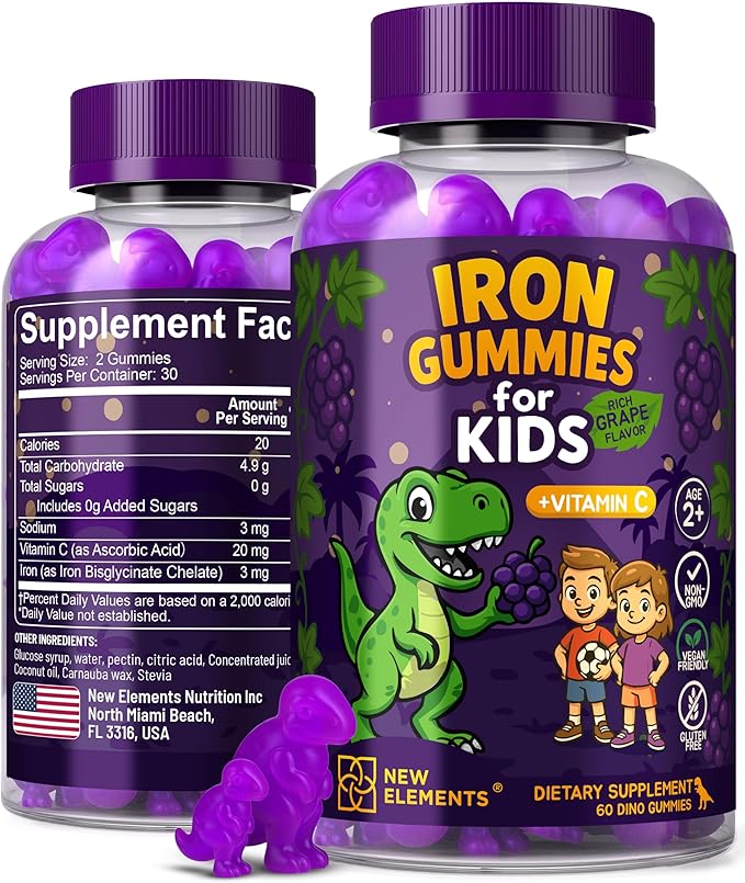 New Elements Iron Dinosaur Gummies for Kids with Vitamin C | Sugar-Free, Vegan, Gluten-Free & Non-GMO | Anemia Relief, Energy & Blood Health Support | Grape Flavor, Pectin-Based for Optimal Health