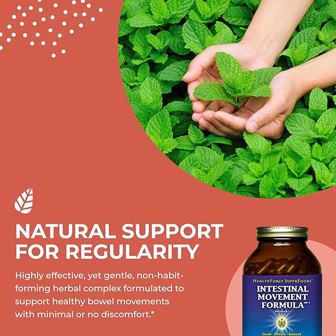 HealthForce SuperFoods Intestinal Movement Formula - Natural Laxative Supports Bowel Regularity - All-Natural Digestion Supplement to Support Constipation - Gluten-Free & Vegan - 360 Caps