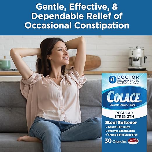 Colace Regular Strength Stool Softener for Gentle Effective Constipation Relief, No. 1 Doctor Recommended Stool Softener Brand, 100 mg Docusate Capsules, 30 Count