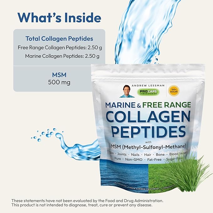 ANDREW LESSMAN Marine, Free Range Collagen Peptides Powder and MSM 120 Servings - Supports Radiant Smooth Soft Skin, Comfortable Joints. Super Soluble No Fishy Flavor No Additives Non-GMO