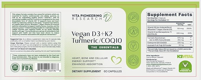 4-in-1 Plant Based Vegan Vitamin D3 2000IU + K2Vital Vitamin K2 with Turmeric and COQ10 - with Avocado Powder for Enhanced Absorption - Heart, Bone, Cellular Health Support