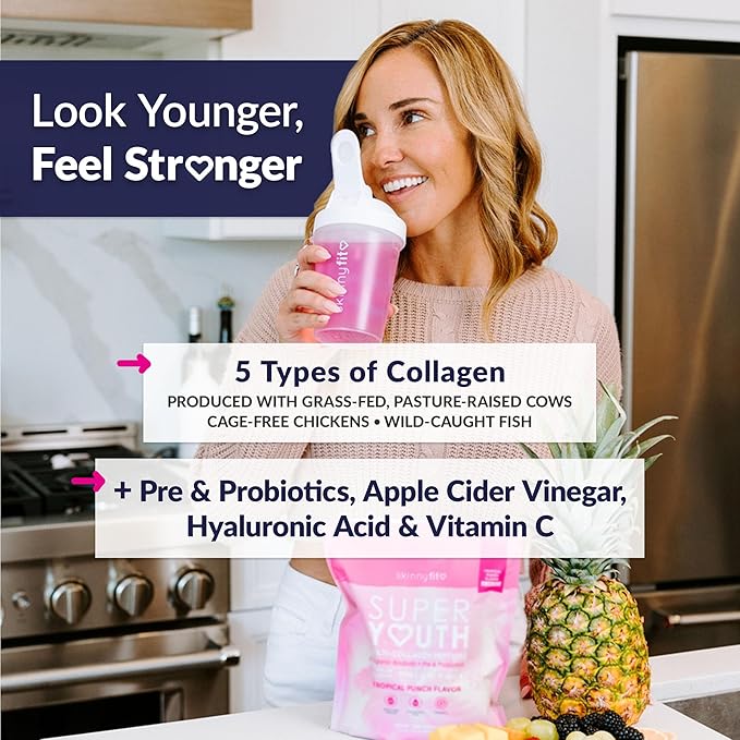 SkinnyFit - Super Youth, Tropical Punch (30 Servings) - Multi Collagen Peptides Powder - Probiotics, Fiber, Hyaluronic Acid - Collagen for Women - Non GMO, Gluten Free, Sugar Free - Beauty & Self Care