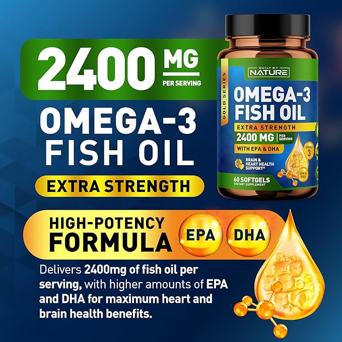 Built by Nature Omega 3 Fish Oil Soft Gels - 2400 mg Fish Oil, 1440 mg Omega 3, 864 mg EPA, 576 mg DHA - Extra Strength Brain & Heart Health Support Supplement - 60 Softgels