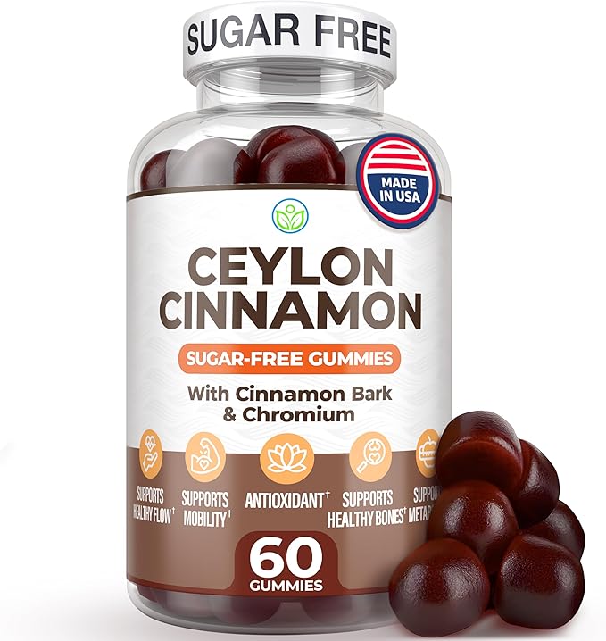 Sugar-Free Ceylon Cinnamon Gummies (2,000mg/Serving) Joint Pain Support Supplement for Brain Health, Vegan, Gluten-Free, Replace Ceylon Cinnamon Capsules, Pills, Powder, Extract (60 Chews)