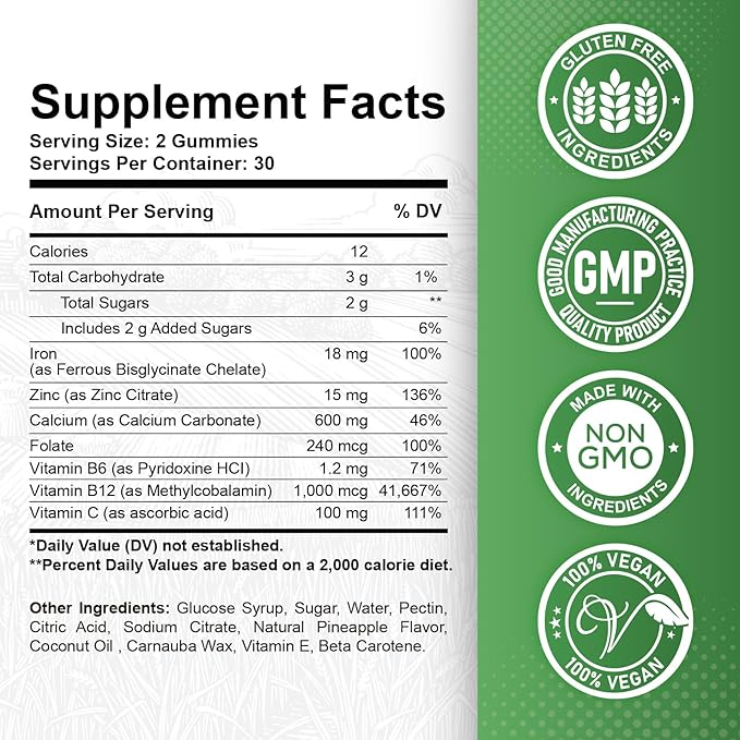 Iron Gummies with Zinc, Calcium, Vitamin C, B6 & B12 | Iron Supplement for Women, Men & Kids | Supports Anemia & Deficiency, Blood Builder & Cell Formation | Chewable Pineapple Flavor | 60 Gummies