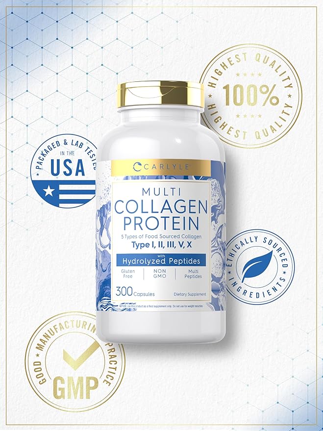 Carlyle Multi Collagen Protein Capsules 2000mg | 300 Count | Type I, II, III, V, X | Collagen Peptide Pills | Keto & Paleo Friendly, Gluten Free, Non-GMO Supplement