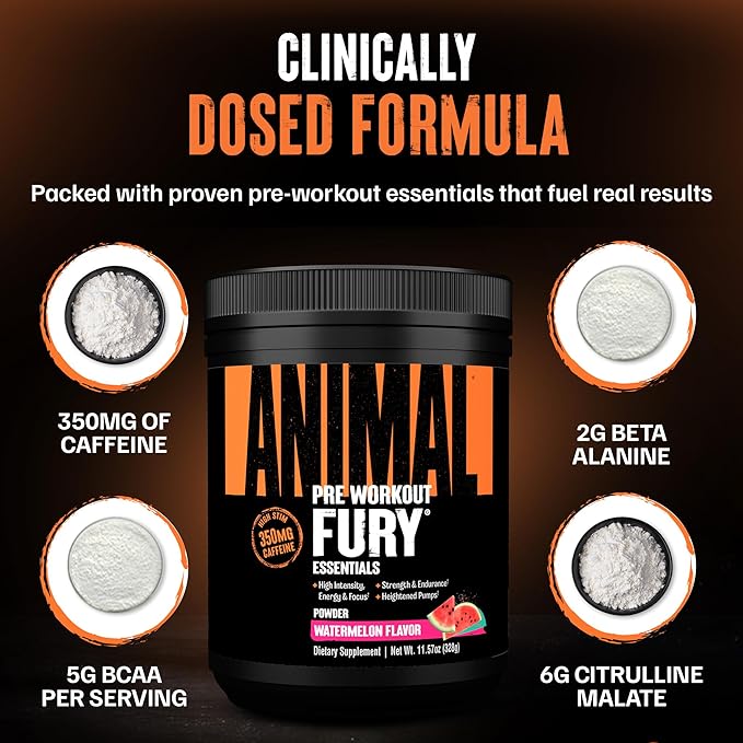 Animal Fury Pre Workout Powder - Watermelon, 350mg Caffeine, BCAA Amino Acids, 2g Beta Alanine, Citrulline & Tyrosine, Energy, Focus, Strength, Endurance, Preworkout for Men & Women, 20 Servings