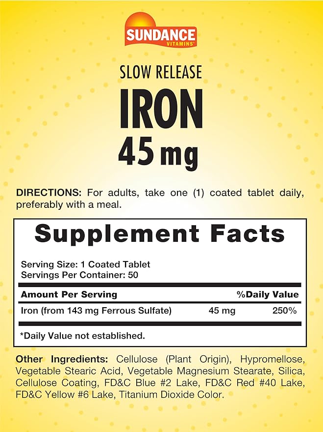 Sundance Iron 45mg Slow Release Pills | 50 Tablets | Essential Mineral Supplement | Vegetarian, Non-GMO, and Gluten Free Formula