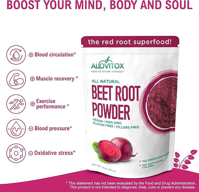 Alovitox Organic Beet Root Powder | 100% Fresh Beet Root Extract | Nitric Oxide Superfood, High in Calcium, Iron, Potassium & Folate | Supports Effective Workouts | Vegan, Non-GMO, Gluten-Free | 16 oz