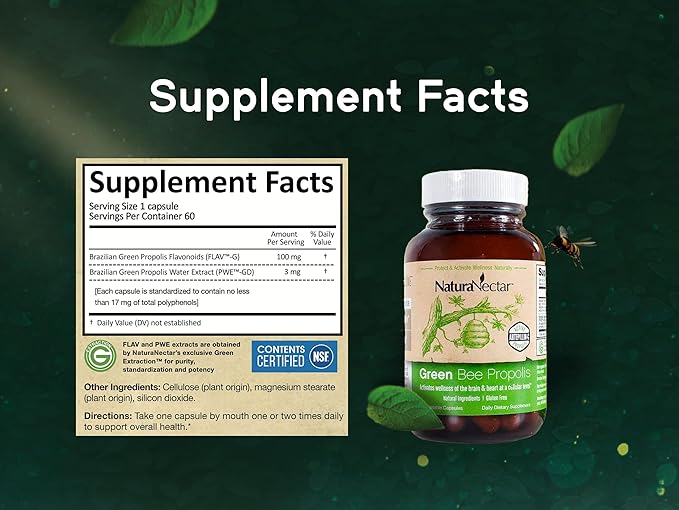 NaturaNectar - Green Bee Propolis Capsules - NSF Contents Certified Brazilian Green Propolis - Gluten-Free Propolis Supplements with Flavonoids - Naturally Sourced Through Ethical Beekeeping (60pcs.)