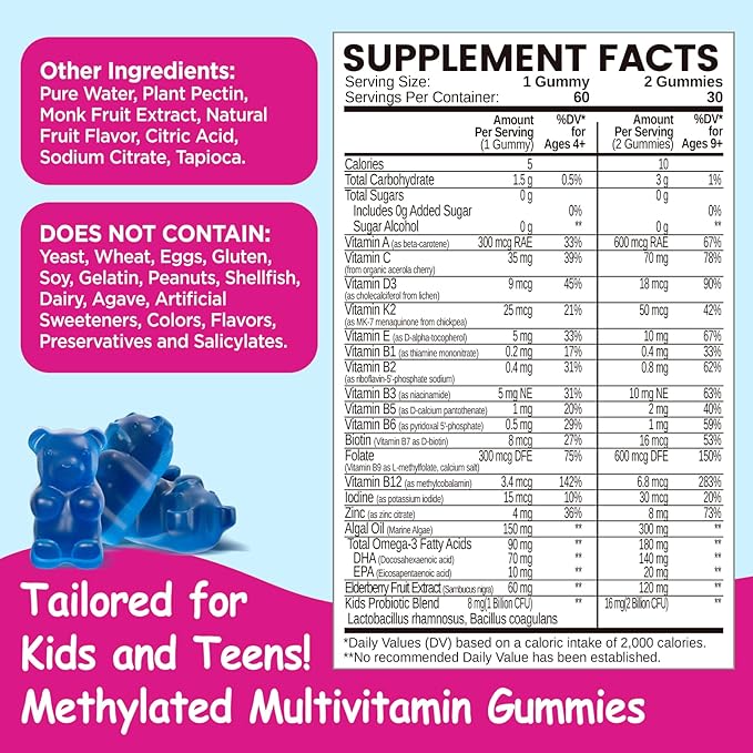 Kids Methylated Multivitamin - Chewable Multivitamin for Kids & Teens 4+, With L Methylfolate, Vegan Omega-3, Zinc, Probiotics & Elderberry, Immune Support, Brain Health, MTHFR Supplement, Sugar-Free